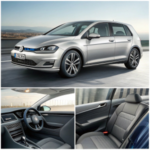 Brochure showcasing a sleek Volkswagen Golf with silver metallic paint. Close-up images of the interior and exterior features, highlighting advanced technology and luxurious design.