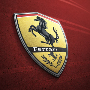 Close-up view of the Ferrari logo. Red background, the Scuderia Ferrari emblem stands out
