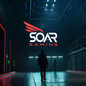 In a dark, futuristic setting, the Soar GAMING logo, with its sleek, angular design, dominates the scene.
