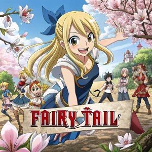 Promotional poster for Fairy Tail anime series. Main character, Lucy Heartfilia, with blonde hair, in cheerful pose. Surrounding group of characters from series in dynamic poses and outfits. Vibrant and detailed artwork with bold title at bottom.