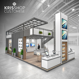 Modern exhibition booth designed for KrisShop Customise. Sleek and contemporary style, featuring innovative design elements.