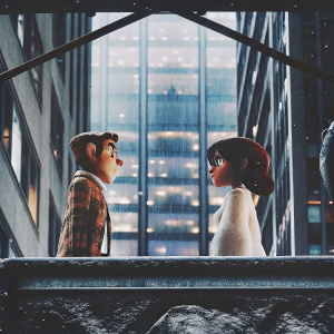 Stylized pixel art animation. Characters in exaggerated features. Warm dusky colors. Pink, orange, beige tones. Urban environment background.
