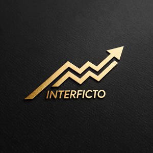 Interficto's logo. Gold arrow pointing upwards. Black background. Below is text in Spanish. Modern, dynamic design