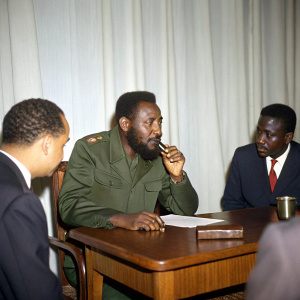 Vintage photograph: Fidel Castro, bearded, smoking a pipe, seated at a wooden table, engaged in a serious discussion with African dignitaries. The backdrop is a plain white curtain.