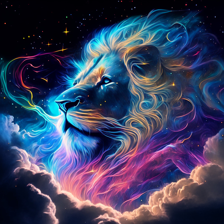 Paint a surrealistic giant lion head and mane drifting in the sky, formed entirely of translucent wispy smoke, with blurred details and outlines emerging from the vapors. Surrounding it is an explosive aura of dazzling starlight, neon rainbow glows, and swirling galactic clouds. Emphasize the ethereal, hazy nature of the smokey lion head billowing with mystery amidst the heavens.Fine details, cinematic Photography,Surrealism, surreal photography