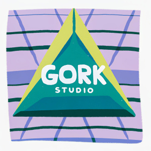 GORK STUDIO logo design. Triangular shape, black and white color scheme, bold and simple font.