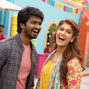 Sivakarthikeyan and Nayanthara on the set of 'Mr. Local'. Excited smiles, colorful movie backdrop