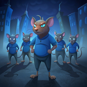 cartoon style, group of angry rats with blue t-shirts, standing on dark street