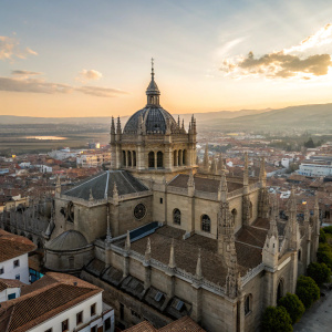 Aerial view of Granada Cathedral, featuring detailed spires and grand architecture.
