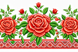 Random embroidery Red Rose border pattern. Vector ethnic Red rose pixel art seamless pattern. Ethnic Red rose stitch pattern used for textile borders, wallpaper, cushions, carpet, upholstery, and pastel color tone.