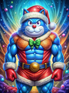 Doraemon, giant body, big muscles, blue body, red eyes, wears a Santa costume.