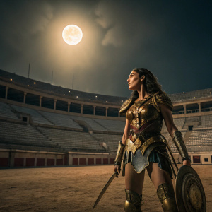 Gal Gadot as Wonder Woman, standing alone in a deserted arena. She wears an armor-like costume with gold accents. Her expression is fierce and determined. The scene is set at night, under a full moon.