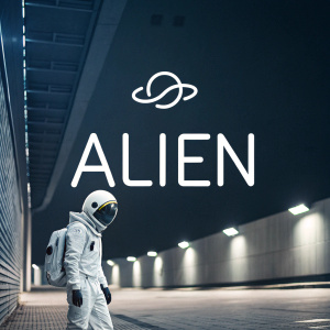 Promotional ad for Alien, a futuristic social network. Dark background, white text overlay. Logo in white, sleek design.