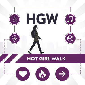 Infographic: What does HGW mean on TikTok? Hot Girl Walk. Design in shades of purple and black on white background.