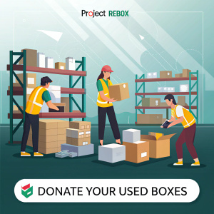Promotional poster for 'Project Rebox'. Salabao's team working diligently in a warehouse setting. Call to action: 'Donate Your Used Boxes'
