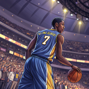Kelenna Azubuike, basketball player, intense focus. He's dressed in a blue Lakers jersey, number 7. Indoor stadium with packed crowd