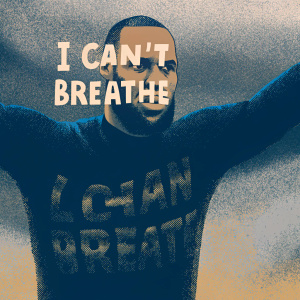 LeBron James illustrated in a powerful stance. Determined look. Black shirt with 'I CAN'T BREATHE' text. Digital art style, abstract background.