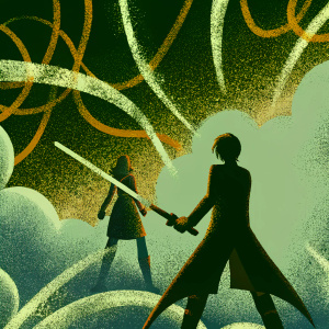 Fan art illustration of Kirito Kirigaya and Asuna Yuuki from Sword Art Online. Chaotic background with swirling lines and detailed coloring.