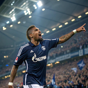 Kevin-Prince Boateng in an energetic pose at a soccer stadium. Dark blue jersey with white accents and sponsor logos. The background is filled with cheering fans.