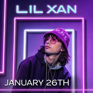 Graphic poster for Lil Xan concert on January 26th. Neon and purple colors, modern design with multiple frames showcasing event details and artist's name.