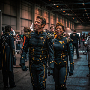 Jamie Bamber and Kandyse McClure participating in a Star Trek convention. They are dressed in elaborate Starfleet uniforms, surrounded by fans and fellow attendees in a convention center.