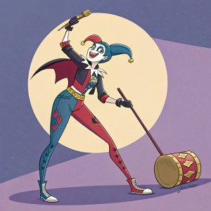 Harley Quinn, from DC Comics, illustrated in a vibrant, cartoon style. She stands dramatically, staff in hand, against a simple background with a large, theatrical shadow beneath her