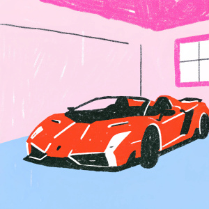 Luxury sports car, Lamborghini Veneno Roadster, gleaming in a cherry red hue with black highlights, parked in a dimly lit garage.