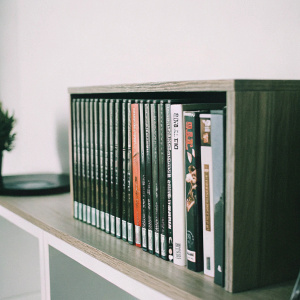 Stanley Kubrick's films showcased on a sleek wooden shelf, surrounded by various Criterion Collection DVD releases.