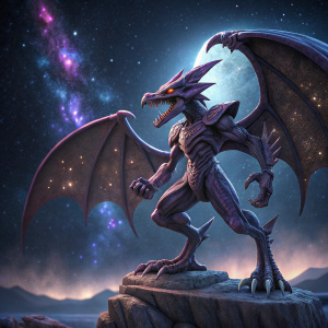 3D rendering of Ridley, the iconic boss character from the Super Metroid series. Standing against a cosmic, starry night background.