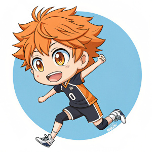 A colorful comic panel showcasing Shoyo Hinata from Haikyuu. His bright orange hair and expressive eyes dominate the scene. He is mid-jump, displaying dynamic movement. Plain blue backdrop