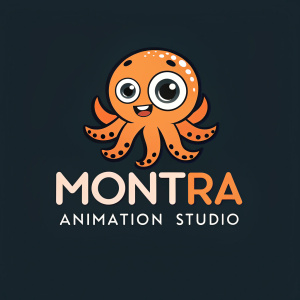 Eye-catching logo for Montra Animation Studio. Depicts a friendly octopus-like character. Modern font, vibrant orange against sleek black background.
