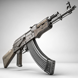 3D model of AK-47 assault rifle in grayscale. The weapon is detailed, with emphasis on its long barrel, stock, and ridged pattern. Digital black and white rendering.