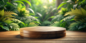 Wooden product display podium with blurred nature leaves background. 3D rendering