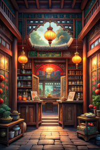 Please help me draw the interior background of an ancient Chinese antique shop. Please use very Chinese elements.