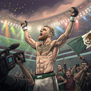 Conor McGregor, shirtless, victorious pose. Surrounded by flashing cameras and fans in a crowded stadium.