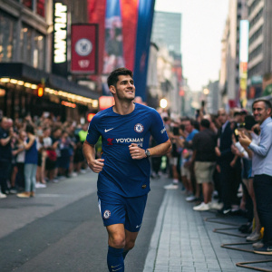 Alvaro Morata, in his Chelsea jersey, running through a bustling city street. Crowds cheering him on, a mix of people from all walks of life.