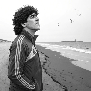 Black and white sketch of Diego Maradona. Standing alone on a deserted beach.