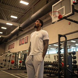 Iman Shumpert, standing in a gym, wearing a plain t-shirt and sweatpants. Surrounded by basketball hoops and weight machines.