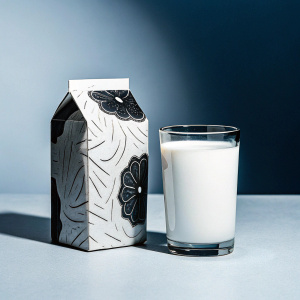 The cover art for 'A Clockwork Orange' by Anthony Burgess. A detailed milk carton and a glass with a stylized design. Predominantly orange, white, and black