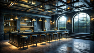 Designer interior design in the bar, dark atmosphere, slightly dirty
