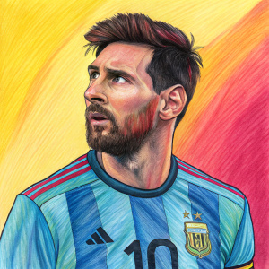 Pencil drawing of Lionel Messi in vibrant color. Wearing jersey number 10. Expressive, intense gaze. Detailed artwork on bright, gradient background.