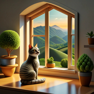 A cat looks at the view from the window of the house