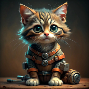 Realistic adorable chibi longhair kitten, mechanic