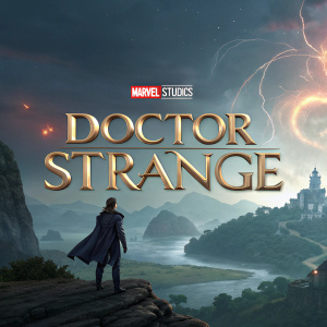 Thumbnail for Doctor Strange video. Marvel Studios logo, mystical scenes from the movie, text in English