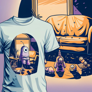 SpongeBob SquarePants themed t-shirt. Plankton character in the foreground. Living room with couch and various toys in the background.