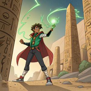 Thep Khufan from Ben 10 Omniverse, illustrated in a vibrant and dynamic digital artwork. Thep Khufan stands in a mystical Egyptian setting, surrounded by ancient hieroglyphs and desert sand.