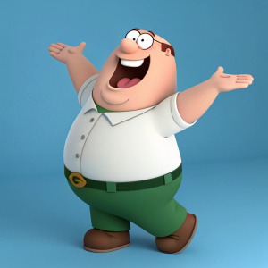 3D animation of Peter Griffin from Family Guy, in a playful pose with a large grin and expressive face. Wearing white shirt, green pants, and brown boots. Set against a solid blue backdrop.