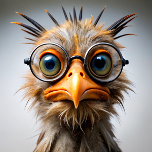 A really old crazy quirky bird creature, wearing glasses, he has big crossed eyes, he has a confused expression, 32K, vivid, vibrant 