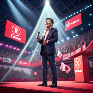 Hiroshi Mikitani, CEO of Rakuten Inc, in a vibrant conference setting. Brightly lit stage, audience visible in the background.