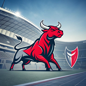 Dynamic bull logo for Deccan Chargers, featuring bold red and gray hues, posed in front of a sleek stadium backdrop.